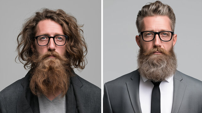 A striking before and after comparison portrait captures a man transforming from a disheveled appearance with long, curly hair and a full beard to a sharp, well-groomed professional in a suit.