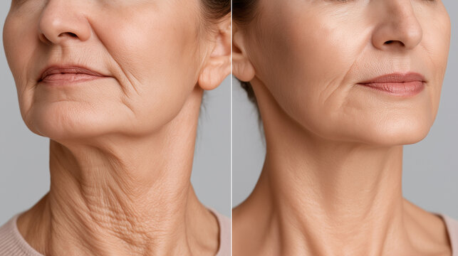 A compelling medical close-up presents a woman's dramatic anti-aging transformation, showing significant reduction in deep wrinkles and improved skin elasticity around her neck and jawline.