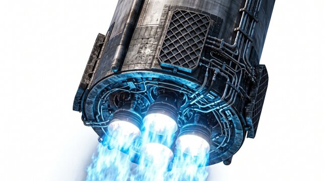 Close up of a powerful rocket engine with bright blue flames and exhaust gases against a white background Satellite internet and space economy