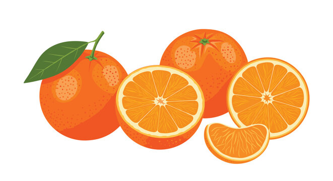 Group of fresh oranges includes whole fruits, halved pieces showing the pulp, and a single segment with a green leaf for a healthy food concept.