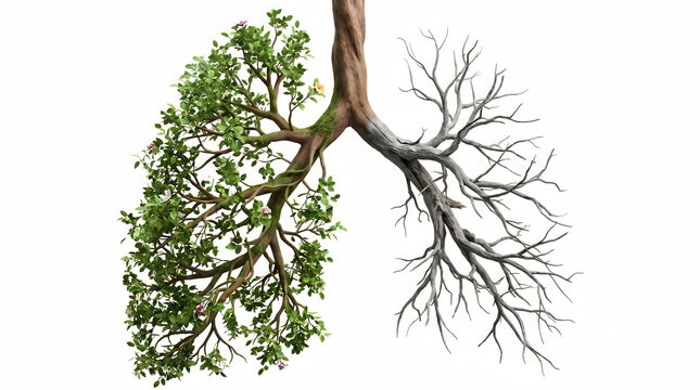 Human lungs as tree branches with green leaves and dry dying side. Respiratory health, smoking damage or air pollution concept. Isolated on white. AI generated.
