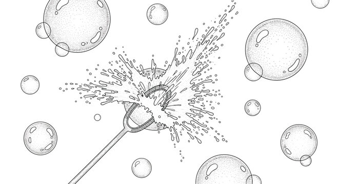 Artistic black and white line drawing captures the moment bubbles are blown and splash against each other in a dynamic and creative pattern.
