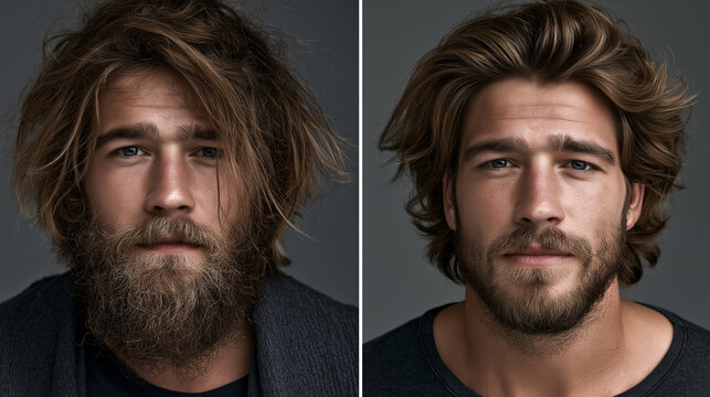 A diptych contrasts a man with unkempt, tousled hair and a full beard with a refined version featuring styled hair and a neatly trimmed beard.