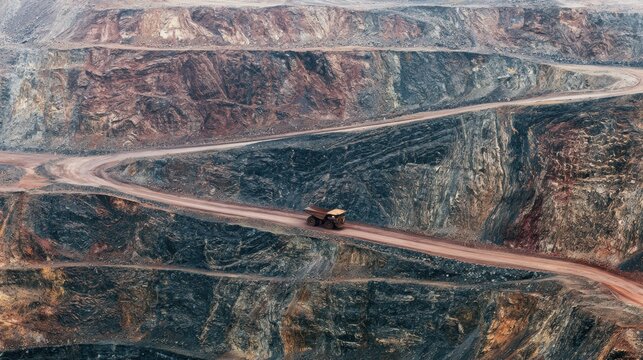 Aerial view of open pit mine with haul road and heavy dump truck on rocky terrain
