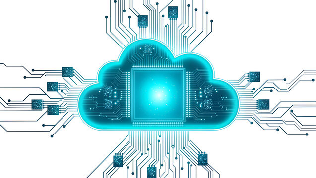 Glowing blue cloud computing chip with circuit board connections, isolated on transparent background