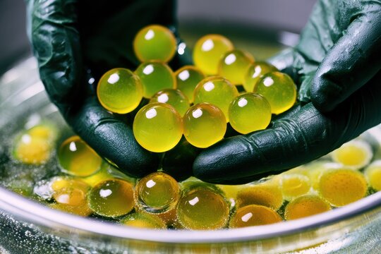 Gloved hands holding yellow-green gel spheres in molecular gastronomy spherification process