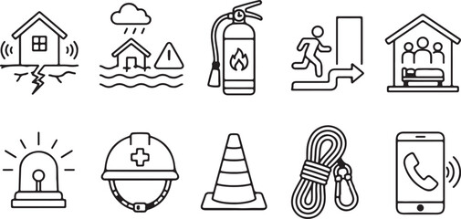 Fototapeta premium Comprehensive set of line art icons illustrating emergency preparedness, natural disasters, safety equipment, and rescue operations.