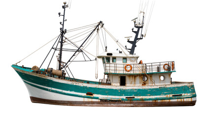 Naklejka premium Weathered turquoise and white fishing trawler with rigging, isolated on transparent background