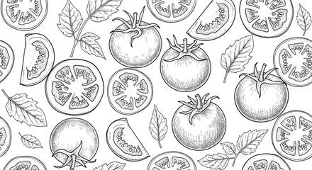 Obraz premium Detailed line art seamless pattern of whole tomatoes, slices, and green leaves for kitchen decor or food packaging design.