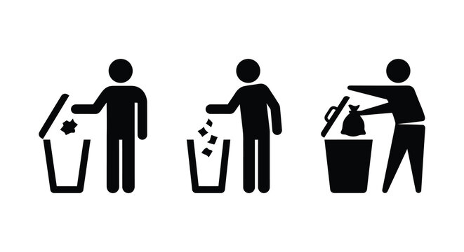 Person disposing of trash into receptacles three stages black silhouette waste disposal rubbish bin recycling