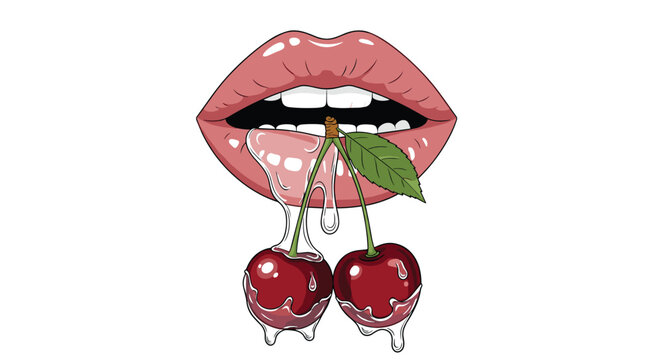 Sensual illustration of a pair of pink lips biting into two ripe red cherries with juice or syrup dripping from them in a pop art style.