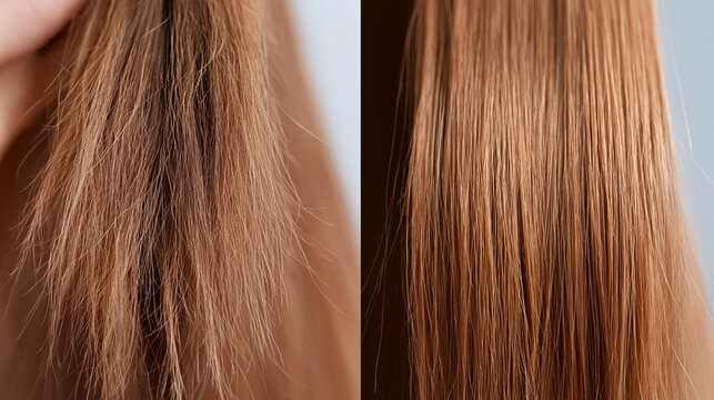 A detailed close-up split image compares two sections of hair, demonstrating a noticeable improvement from dry, damaged strands to smooth, healthy, and lustrous tresses after treatment.