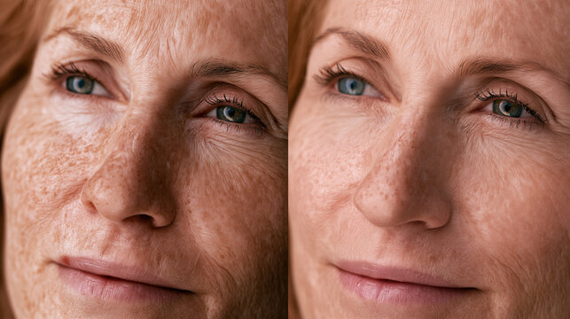 A close-up split image of a senior woman's face illustrates a remarkable improvement in skin tone and texture, showing reduced pigmentation and fewer wrinkles after treatment.