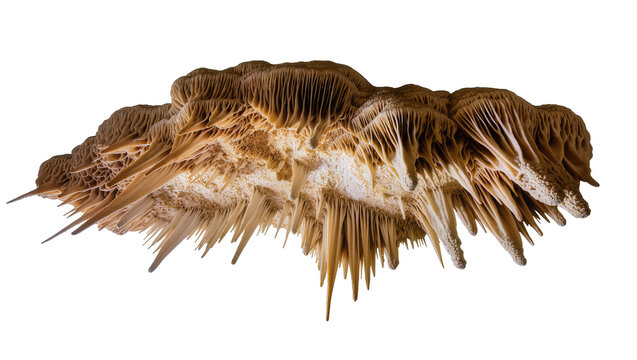 Brown stalactite formation with delicate thin and sharp mineral deposits, isolated on transparent background