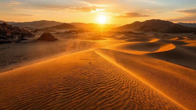 Sunlight sweeping across wind shaped desert dunes with drifting sand and distant mountains at golden sunset