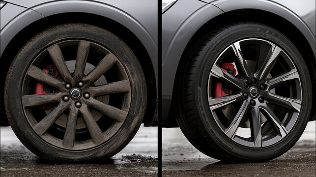 A heavily soiled car wheel with visible brake dust and dirt is contrasted with a perfectly clean, shining wheel with red brake calipers visible on the right after detailing.