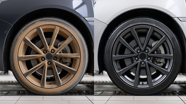 A muddy, grimy car wheel with brown-colored alloy spokes is contrasted with a pristine, black-finished wheel with sharp detailing on the right after a thorough cleaning.