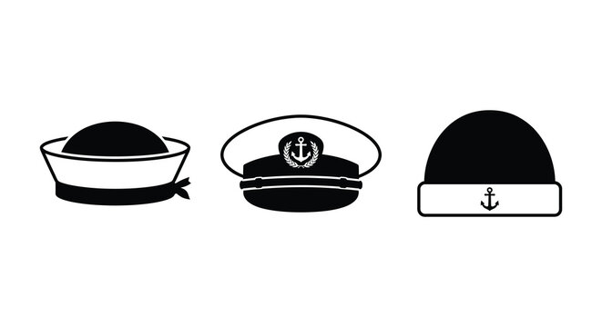 Three nautical headwear silhouettes against a white background featuring sailor and captain styles hat beanie