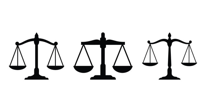 Three Scales Of Justice In Black Silhouette Against A White Background scale judgement law legal