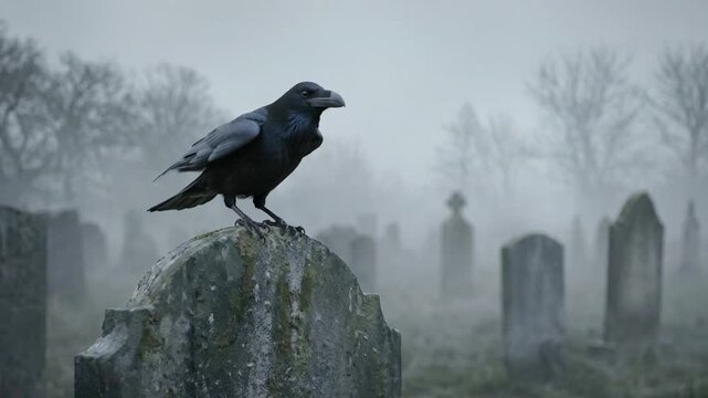 Raven landing on a gravestone in a foggy cemetery with bare trees and blurred headstones in the background