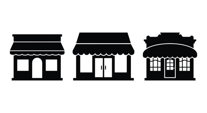 Three storefront silhouettes with awnings and varying architectural details black silhouette shopfront building architecture facade