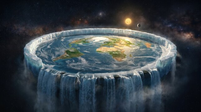 Flat Earth concept with ice wall, cascading waterfalls, sun, moon, and stars.