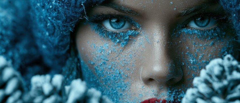 Breathtaking macro winter beauty portrait, woman with exquisite ice crystal lip makeup, glittering frost on her skin, soft glowing magical snow and frosty pinecones in the foreground, wide frame