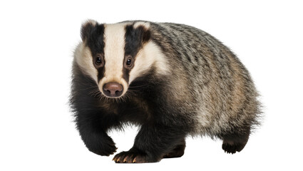 European badger with distinctive black and white facial markings, isolated on transparent background © Adrian