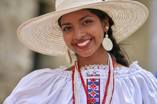 Smiling Panamanian woman in traditional pollera dress and hat during cultural celebration