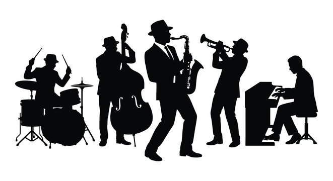 Jazz band performing with instruments a black silhouette against a white background musicians music ensemble