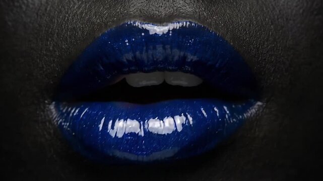 Close-up of glossy blue lips opening to reveal teeth on dark skin in a female beauty makeup portrait