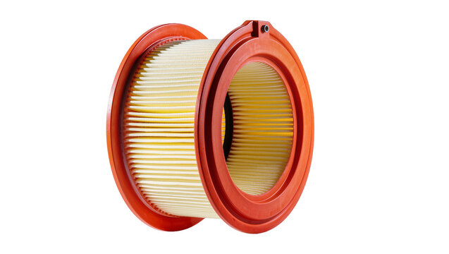 Round orange air filter with pleated yellow paper element, isolated on transparent background