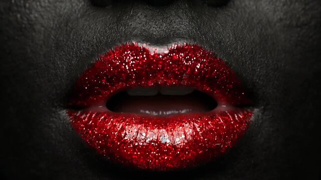 Close-up of red glitter lips opening and closing on dark skin in a beauty makeup fashion portrait scene