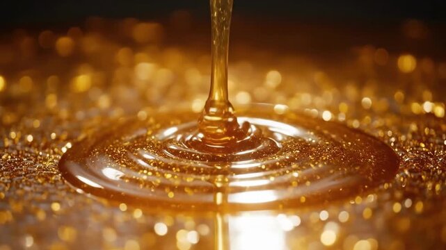 Golden honey dripping with glittering bokeh background