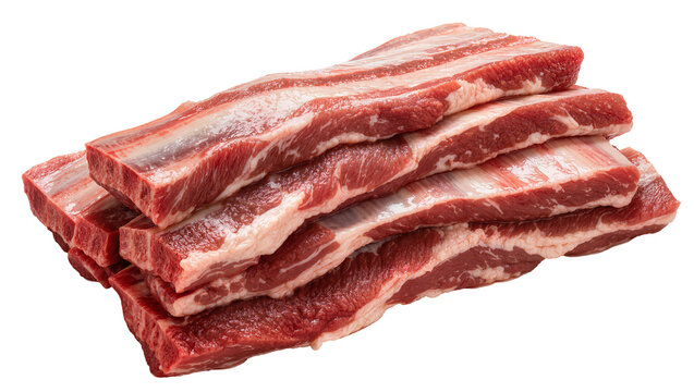 Stack of raw beef short ribs with fat marbling, isolated on transparent background