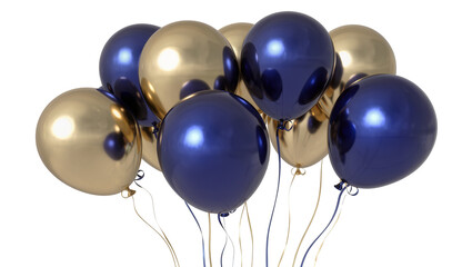 Shiny metallic navy blue and gold balloons cluster, isolated on transparent background © Adrian