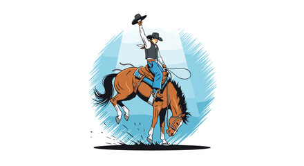 Obraz premium Colorful and dynamic illustration of a cowboy riding a bucking horse, capturing the excitement and energy of a rodeo event.