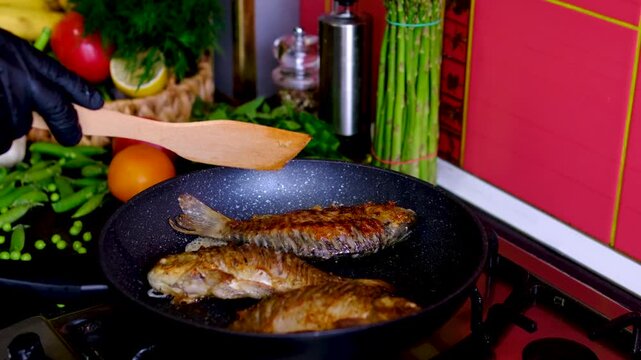 Traditional fried crucian carp recipe from cleaning and seasoning to pan frying and serving homemade fish meal step by step cooking process. full cycle of cooking fresh crucian carp