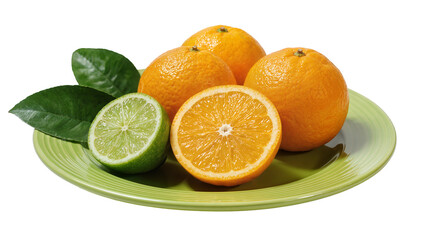 Fototapeta premium Whole and sliced oranges with lime and leaves on a green plate, isolated on transparent background