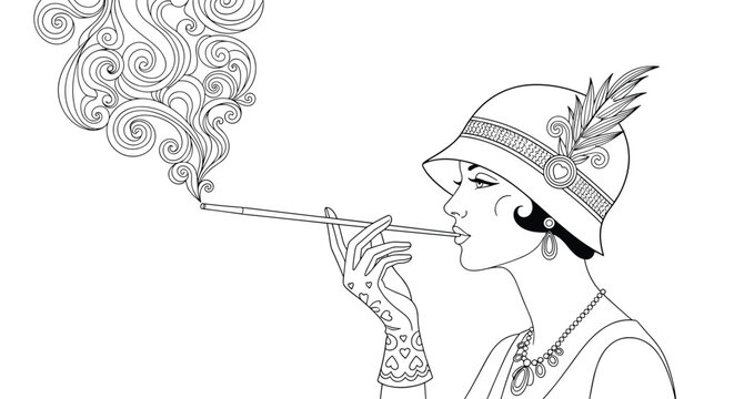 Elegant black and white illustration of a 1920s flapper girl with a cloche hat, pearl necklace, and cigarette holder, exhaling smoke.