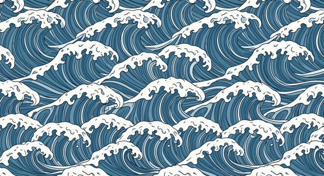 Beautiful seamless pattern of stylized blue ocean waves with white crests, depicting a continuous and rhythmic water flow.