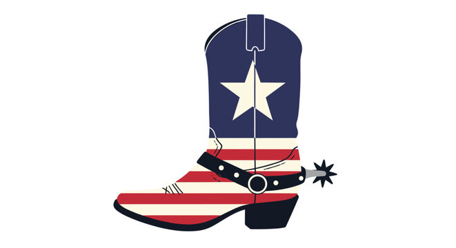 Patriotic cowboy boot featuring the American flag design with stars and stripes, adorned with a spur, blending western and national themes.