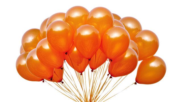 Cluster of shiny orange balloons floating upwards, isolated on transparent background