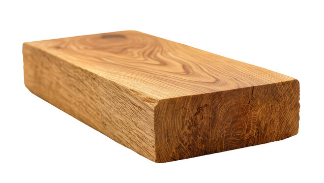 Rectangular solid oak wood beam with prominent grain patterns, isolated on transparent background