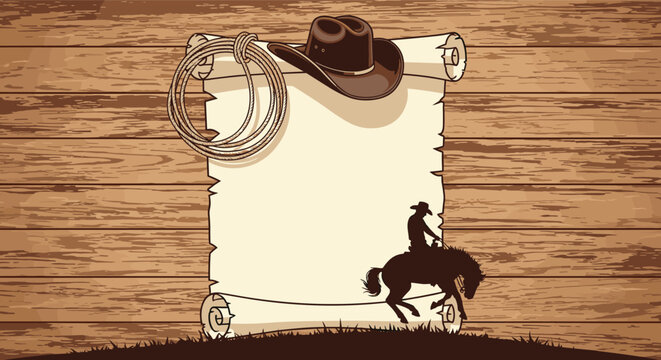 Rustic cowboy-themed scroll frame on a wooden background, featuring a cowboy hat, lasso, and a rider silhouette, perfect for western designs.