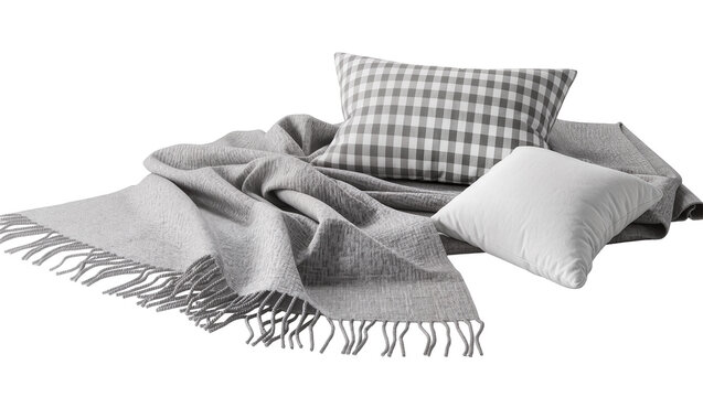 Cozy grey knitted throw blanket with fringe and two pillows, isolated on transparent background