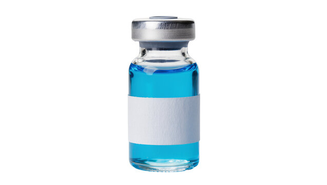 Glass vial with blue liquid and blank label, isolated on transparent background