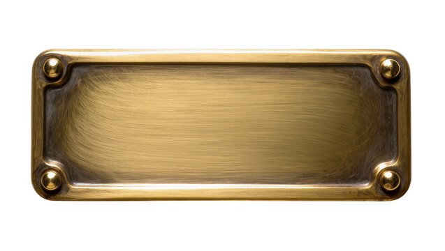 Rectangular antique brass nameplate with rounded corners, isolated on transparent background