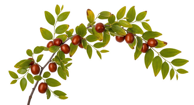 Jujube branch with fruit and green leaves isolated on transparent background