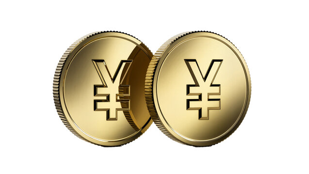 Two shiny gold coins with Japanese Yen symbol, isolated on transparent background